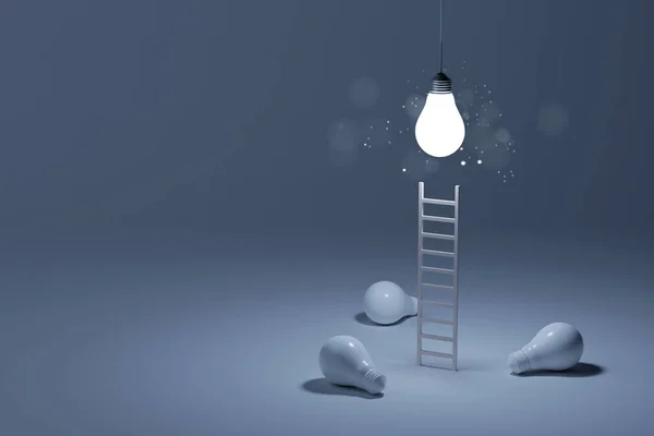 Lamp Helder Uitstekend Tussen Gloeilamp Met Ladder Witte Achtergrond Concept — Stockfoto