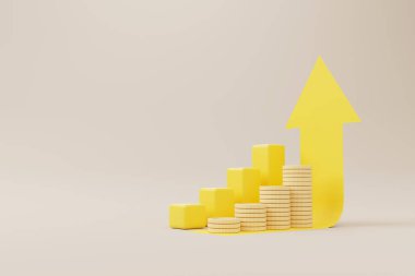 Bozuk paraların büyümesi ok işareti ile para değerini arttırır. Para ve yatırım kavramından tasarruf et. 3d resimleme