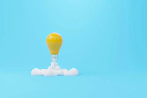 Creative thinking ideas and innovation concept. Rocket light bulb flying on background. 3d render illustration
