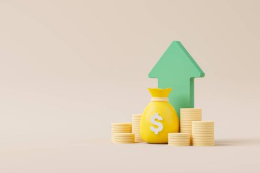 Para çantası ikon dolar para birimi ve altın para yığını ve arka planda büyüyen ok. Para ve yatırım kavramından tasarruf et. 3d resimleme