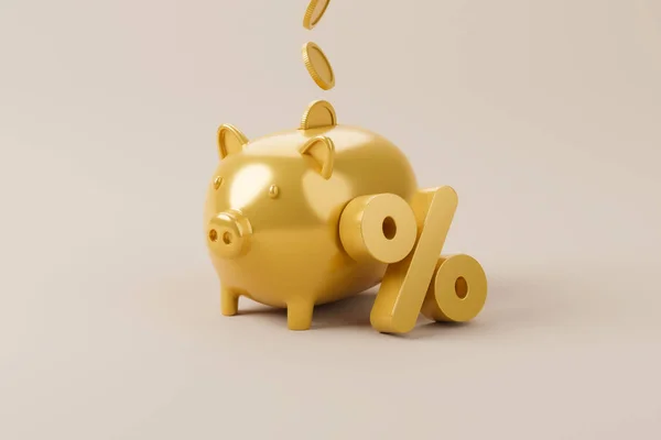 Gouden Kleur Percentage Pictogram Piggy Bank Bespaar Geld Investering Concept — Stockfoto
