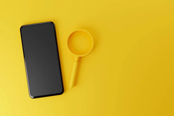 Mobile smartphone and magnifying glass on yellow background. Searching information data in smart phone on internet networking concept. Clipping path included. 3d illustration
