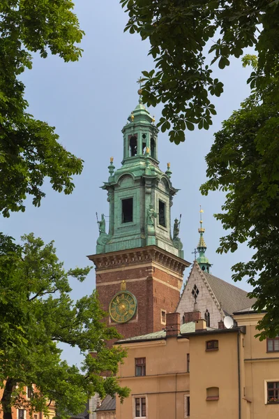 Prohlédni na věž s hodinami od královského hradu wawel v Krakově v Polsku — Stock fotografie