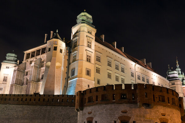 View of wawel royal castle in cracow in poland by night