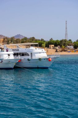 Dahab, Mısır - 10 Eylül 2021: limana demirlemiş dalış botlarının görüntüsü. Dahad eski bir Bedevi köyü, şimdi Mısır 'ın en değerli dalış alanlarından biri.