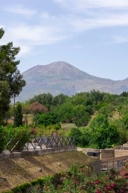 İtalya 'nın Pompeii kenti, Napoli yakınlarında MS 79' da Vesuvius volkanının patlaması sonucu yıkılan antik şehir manzarası. Arka planda Vesuvius volkanı var.