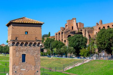 Roma, İtalya - 8 Ekim 2020: Antik Roma 'daki Circus Maximus (Circo Massimo), at arabası yarış yerlerinin kalıntıları