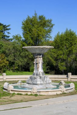 Roma, İtalya - 10 Ekim 2020: Villa Borghese bahçelerinde taş kaplumbağa figürleriyle dolu büyük çeşme