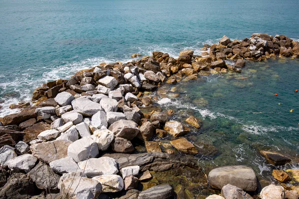 View Water Ligurian Sea Rocks Picturesque Landscape Riomaggiore Cinque Terre — Stock Fotó