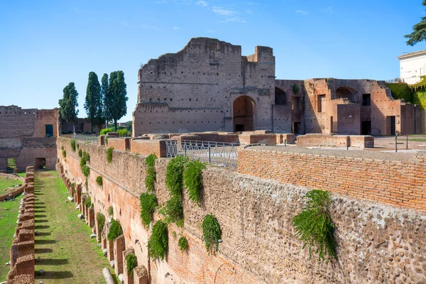 Palatine Hill, view of the ruins of several important ancient  buildings, Hippodrome of Domitian. Palatine Hill is the centremost of the seven hills of Rome, is one of the most ancient parts of the city, Rome, Italy