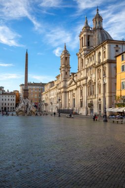 Rome, Italy - October 9, 2020: Piazza Navona with Sant'Agnese in Agone church and 17th century Fountain of the Four Rivers (Nile, Danube, Ganges, Rio de la Plata ), Obelisco Agonale