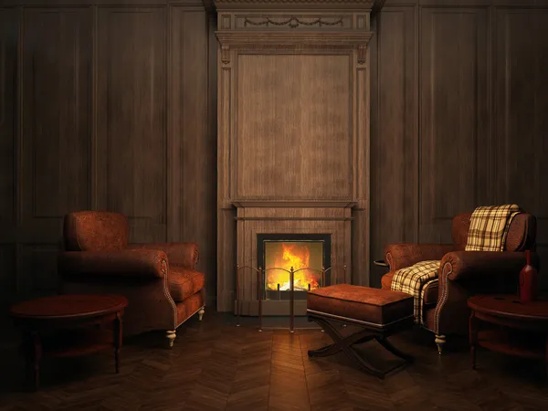 Armchairs and fireplace — Stock Photo, Image