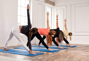 Gençlerin grup köpek egzersiz, Urdhva mukha shvanasana poz, kapalı yakın çekim, Spor Kulübü'nde, çalışma dışarı yogi öğrenciler karşı karşıya kadar yoga yaparken sportif stüdyo. Aktif yaşam tarzı, sağlıklı yaşam konsepti