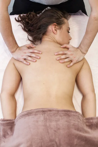 Closeup Beautiful Woman Having Deep Back Neck Head Massage View — Stock Photo, Image