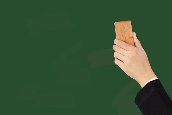 Hand erasing on chalkboard — Stock Photo, Image