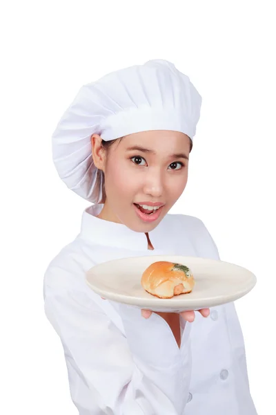 Chef mostrando plate.isolated sobre fondo blanco con recorte p — Foto de Stock