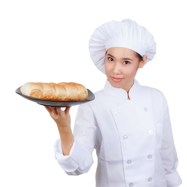 Chef showing bread plate. Isolated on white background with clip — Stock Photo, Image
