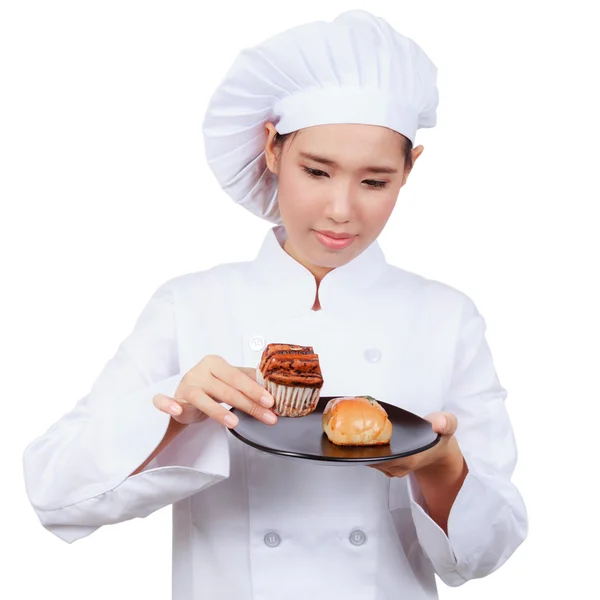 Chef showing bakery dish. Isolated on white background with clip — Stock Photo, Image