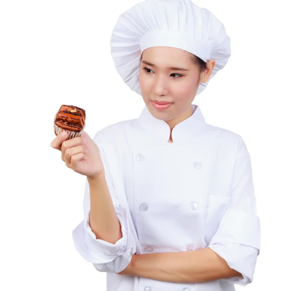 Chef showing bakery dish. Isolated on white background with clip — Stock Photo, Image