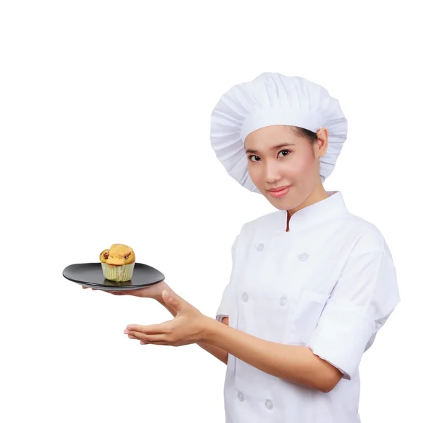 Chef mostrando plato de panadería. Aislado sobre fondo blanco con clip — Foto de Stock