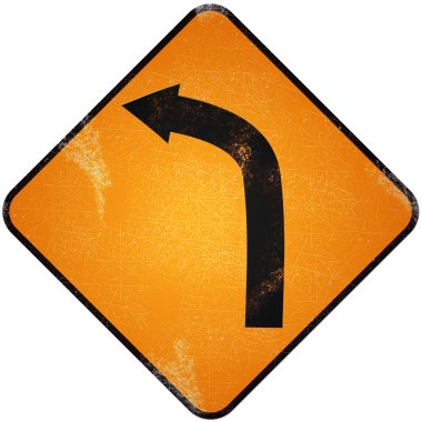 sol yol oturum açın. Sarı metalik yol işareti dönüş ile hasarlı