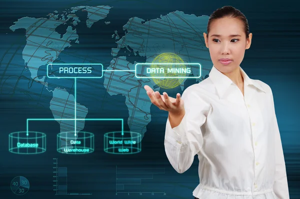 Data mining concept - business woman show virtual screen — Stock Photo, Image