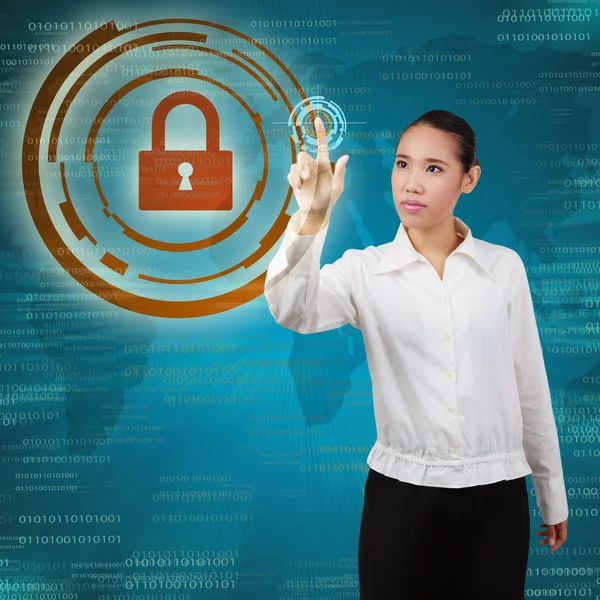 Business woman touching virtual screen of security. Concept of s — Stock Photo, Image