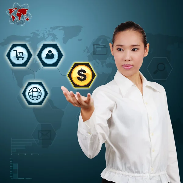 Businesswoman showing success of communication on virtual screen — Stock Photo, Image