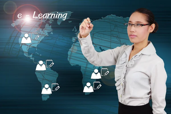 Woman writing e-Learning concept of system online on the interne — Stock Photo, Image