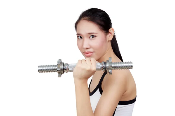 Woman holding weight on white background. — Stock Photo, Image