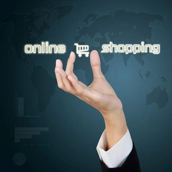Hand tonen virtuele symbool van online winkelen. — Stockfoto