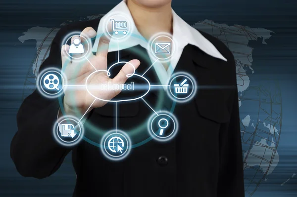 Mujer de negocios mostrando computación en nube. Concepto de modo de negocio —  Fotos de Stock
