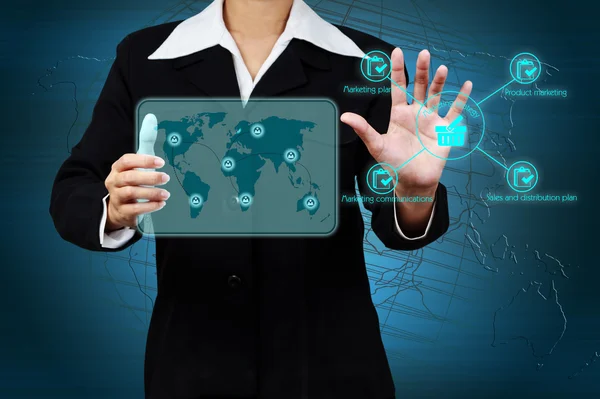 Business hand touching icon on digital virtual screen — Stock Photo, Image