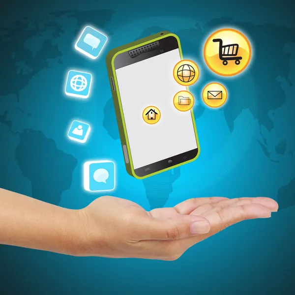 Koncepcja technologii mobilnych na rękę. nowej generacji e-biznesu. — Zdjęcie stockowe