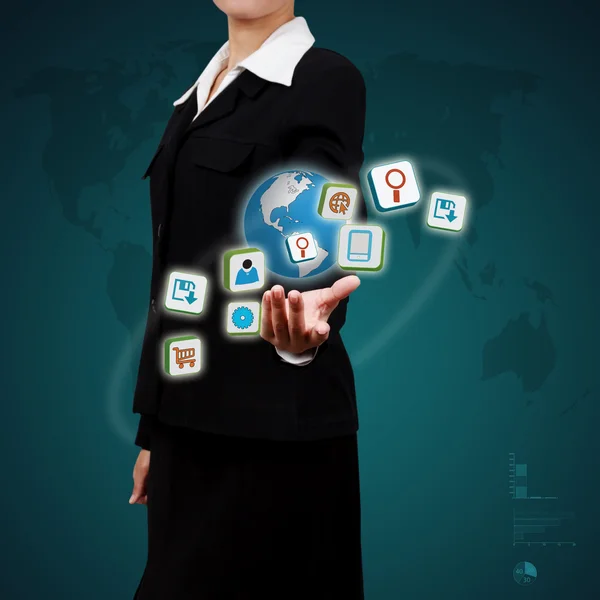 Icone di applicazione in mano umana. Concetto di E-business . — Foto Stock