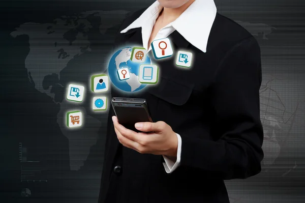 Application icons and mobile in human hand. Concept of E-busines — Stock Photo, Image