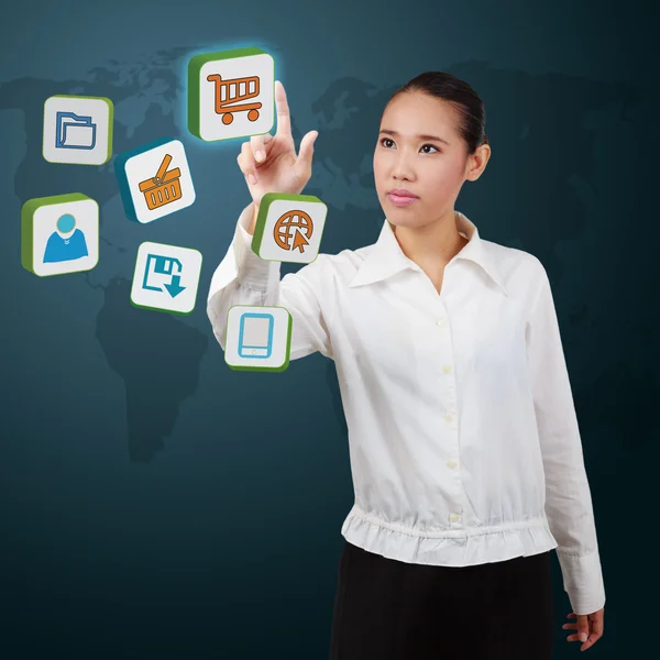 Mulheres de negócios apontam um ícone na tela virtual. Conceito de commun — Fotografia de Stock
