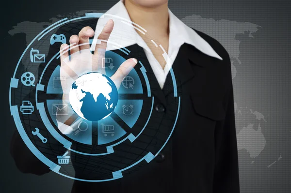 Business woman touching the globe and icon application on virtua — Stock Photo, Image