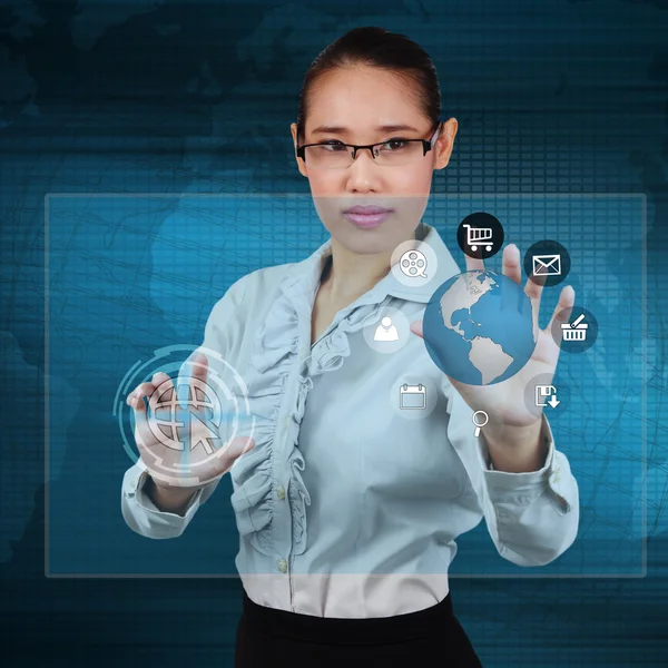 Business woman touching the globe and icon application on virtua — Stock Photo, Image