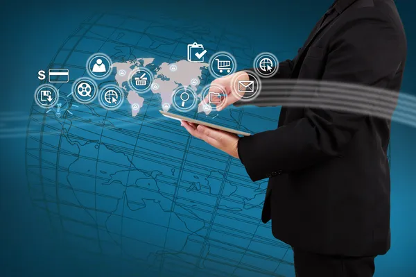 Businessman showing map and icon application on virtual screen. — Stock Photo, Image