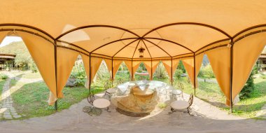 Kumaş bahçe pavyonu masa ve sandalye içeriden görünüm arkaplan görüntüsü 360 derecelik görüş açısı ile Sanal gerçeklik için vr Tam eşkenar dörtgen projeksiyonuna hazır 