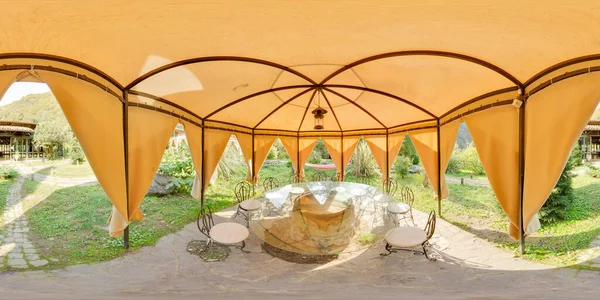 Fabric Garden Pavilion Table Chairs View Background Image Spherical Panorama — Stock Photo, Image