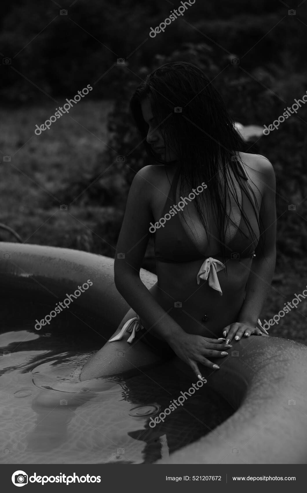 Beautiful Wet Naked Woman Swimsuit Posing Swimming Pool Outdoor Black