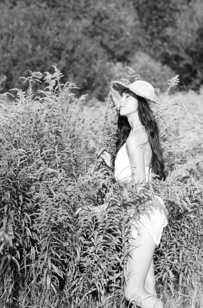 목초지에서 밀짚모자를 아름다운 여자의 수확기 — 스톡 사진