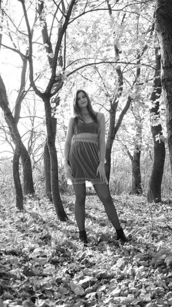 Mladá Žena Pózující Před Kamerou Během Podzimního Dne Černobílá Fotografie — Stock fotografie