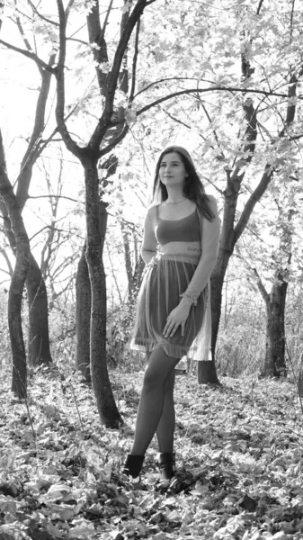 Mladá Žena Pózující Před Kamerou Během Podzimního Dne Černobílá Fotografie — Stock fotografie