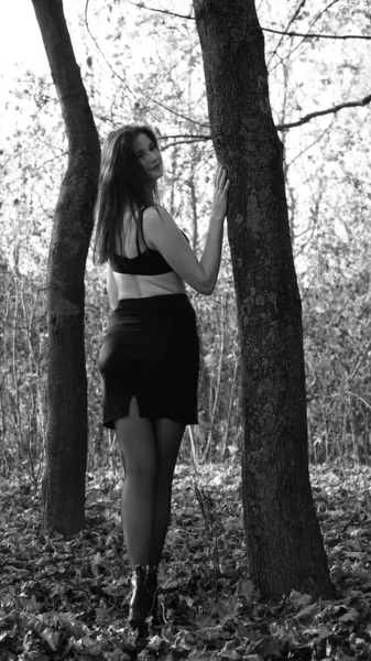 秋天的一天 一个年轻女子在镜头前摆姿势 黑白照片 — 图库照片