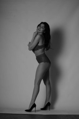 Stüdyoda iç çamaşırlı güzel bir kadın poz veriyor.