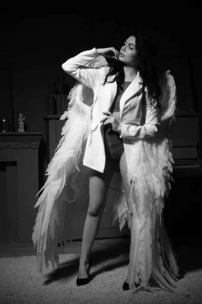 Beautiful Sexy Girl Lingerie Jacket Wings Posing Camera Studio Black — Stock Photo, Image