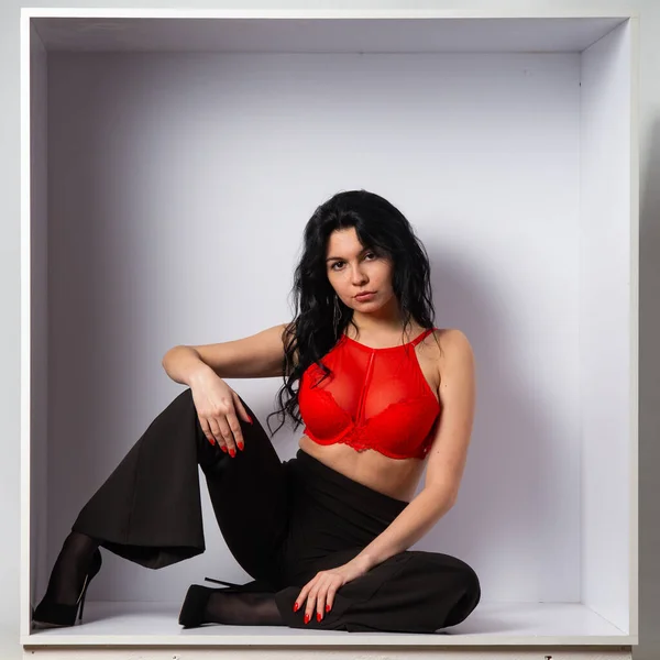 Attractive Sexy Young Brunette Model Wearing Red Crop Top Black — Stock Photo, Image